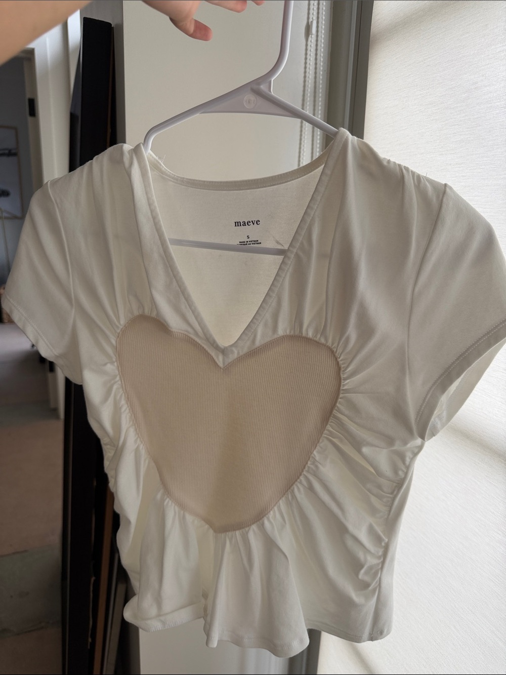 Maeve White Short Sleeve V-Neck Top with Beige Heart